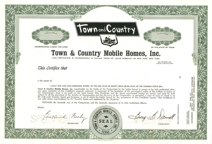 Town and Country Mobile Homes, Inc. - Stock Certificate